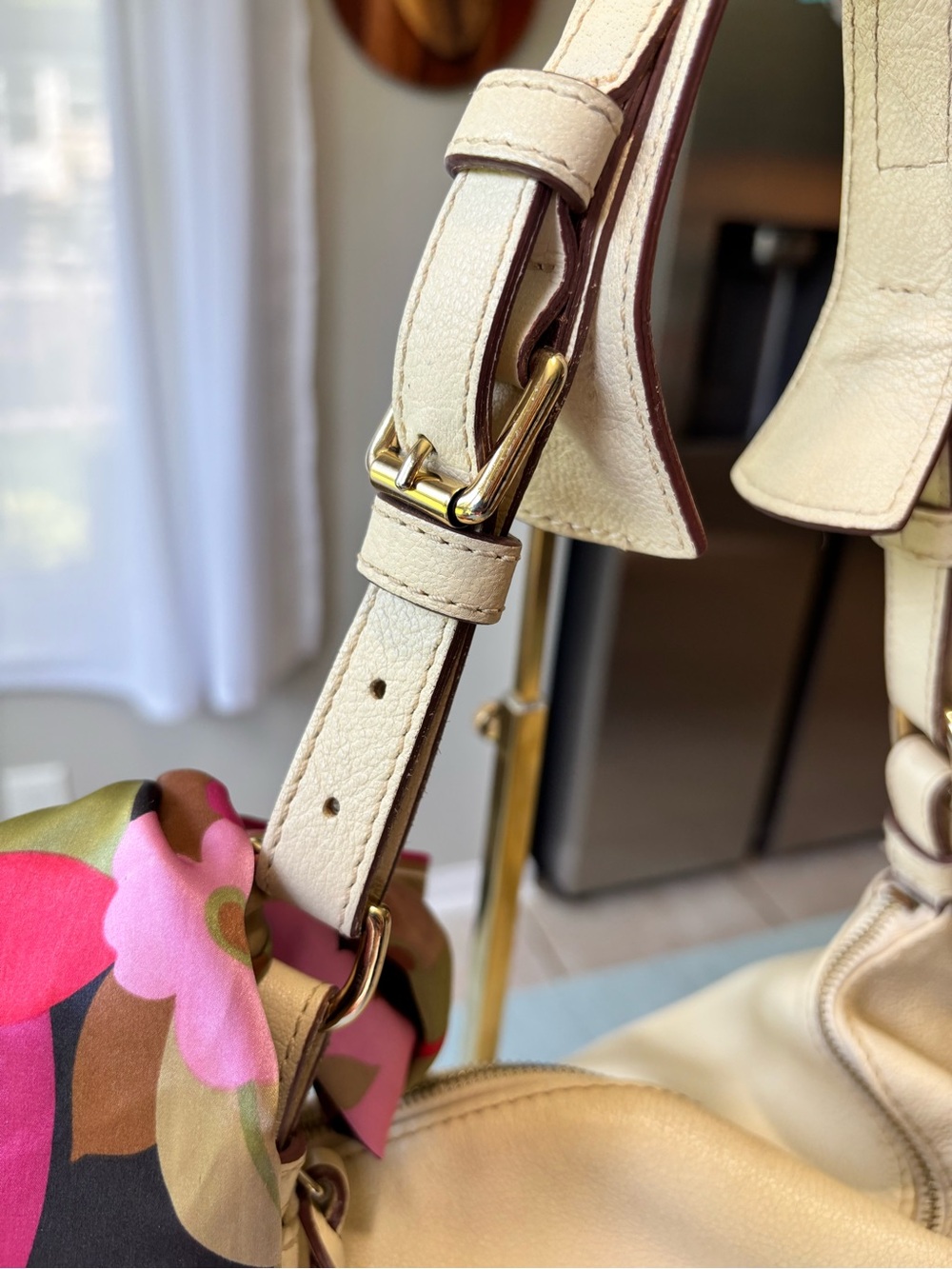 Dooney & Bourke Ecru Cream Pebbled Leather Shoulder Hobo with Colorful Scarf - Picture 3 of 16